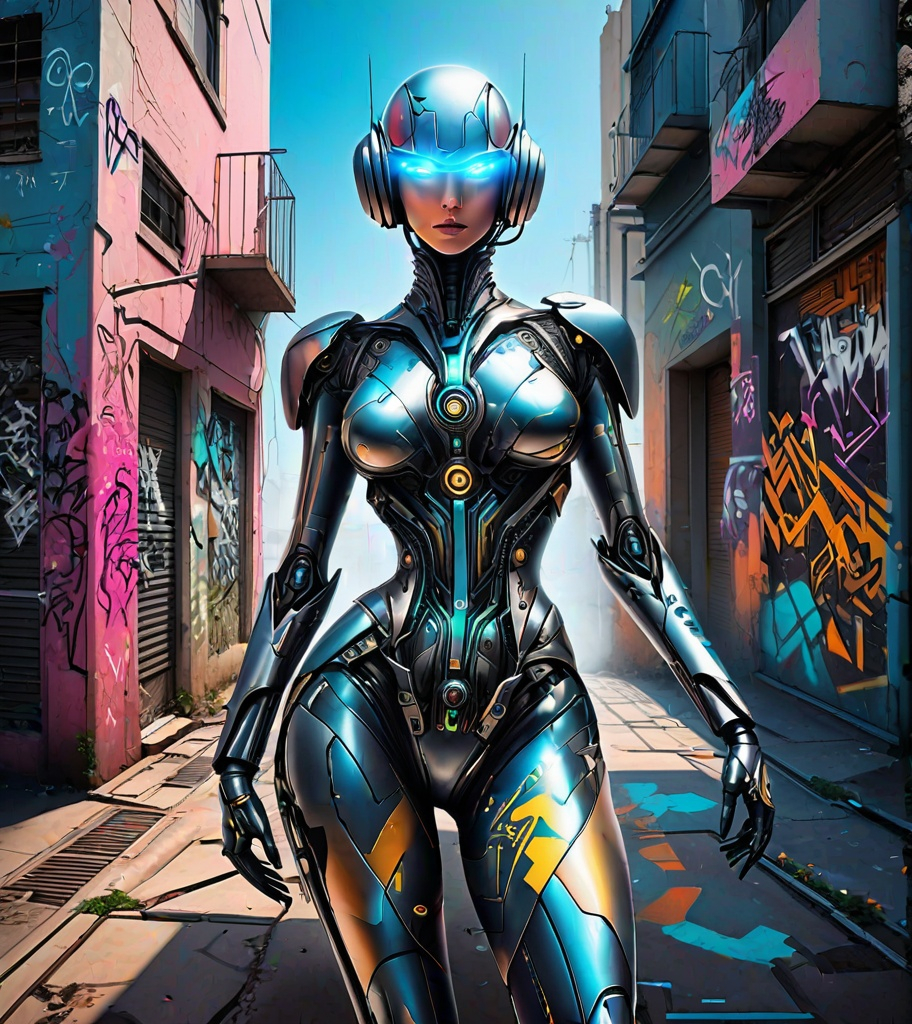 Prompt: graffiti poster of whimsical cyborg lady in tease pose, trompe l’oeil, cryptic shapeshifting, void, deep perspective, depth, metamorphic, futuristic circuit art