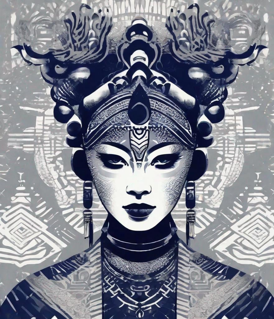 Prompt: halftone, chinese woman on the head and body makeup, in the style of tribal abstraction, dark navy and light gray, strong facial expression, solapunk, haunting elegance, exaggerated facial features, zeen chin