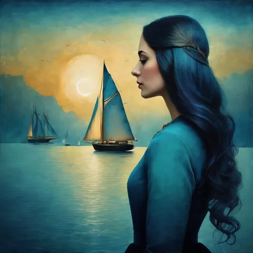 Prompt: In style of christian Schloe and daria Petrilli, profile portrait of a a beautiful young lady with a very long and wild  ombre gradient blue hair that flows like a sea and there are sailing boats and fishes in it. Double exposure, Naive art, extremely detailed, optical illusion, oil painting 