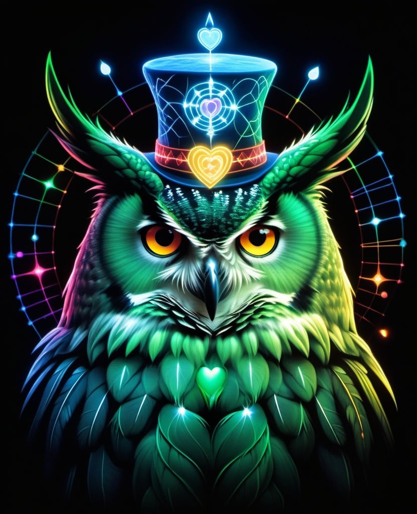 Prompt: green backlit horned owl, fiber optic feathers, rainbow led heart and circulatory system drawing, wizards blue hat, orbiting celestial objects aglow. 