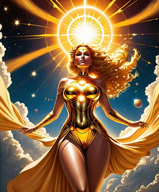 Prompt: hovering heliocentric goddess descending from the sky, epic noonday sky, sun flare behind her, in the style of Watchmen comics, glossy, golden, curvaceous 