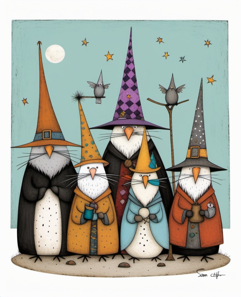 Prompt: Sam Toft style art pile of Too many wizards cute creatures 