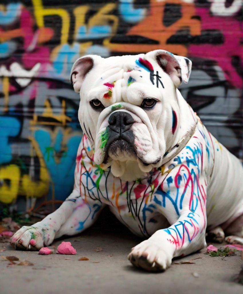 Prompt: a white bulldog completely covered in graffiti, photography by Jill Greenberg 