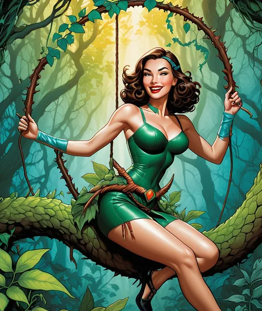 Prompt: the most dangerous huntress illustrated in maximal detail. pop art manga action illustration, american surrealism swinging on a vine in a carboniferous forest, fierce smile lips, clever wild native, fully painted, fun exciting masterpiece fantastic colors and mystical backlight 