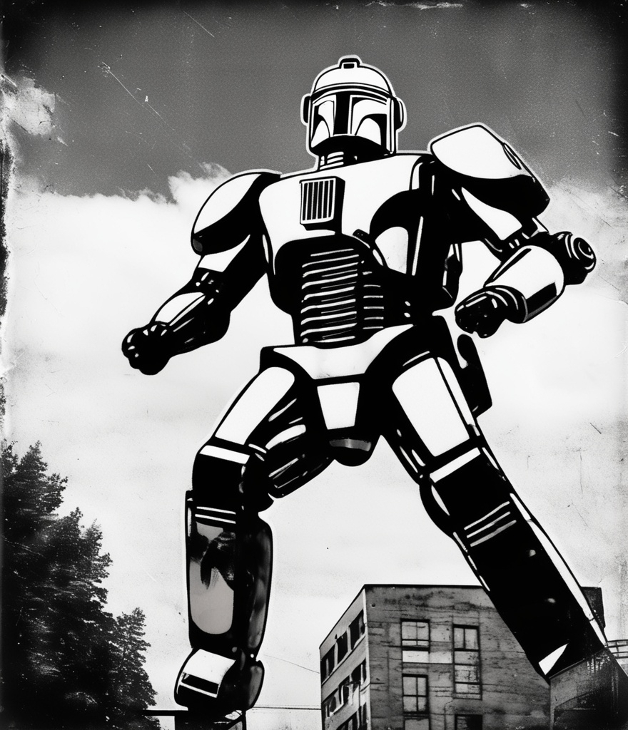 Prompt: doing jumping jack, robocop ferrotype monochrome photo 