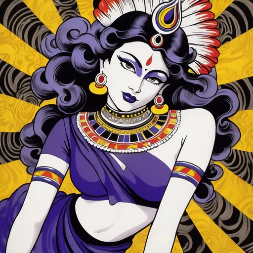 Prompt: In the "Dream Dancer" pose, the head tilts gently, one arm and leg reach skyward, while the opposite arm and leg curve earthward. caricature of yakshagana drawing by roy lichtenstein dort be so serious my fluffy friend blurple 