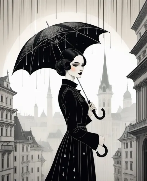 Prompt: illustration of a pretty young lady holding an umbrella, in the style of surrealist-inspired works, gothic neo-pop surrealism, Kate Baylay, Hayv Kahraman, Itzchak Tarkay, Troy Brooks, Anna Kovecses, Lotta Jansdotter, vienna secession, off white and black, raining day, metropolis tall buildings background, intricate flowers, jewelry by painters and sculptors, elegant, emotives faces, goth fashion, subtle playfulness