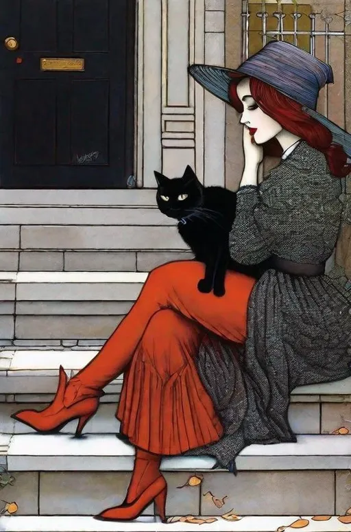 Prompt: A lovely witch with pretty face and beautiful eyes and her black cat art by Sam Toft, Deborah Azzopardi, Marc Allante, Axel Scheffler, Charles Robinson, pol Ledent, endre penovac, Gustave Loiseau. inlay, watercolors and ink, beautiful, fantastic view, extremely detailed, intricate, best quality, highest definition, rich colours. intricate beautiful, award winning fantastic view ultra detailed, 3D high definition