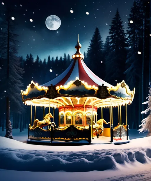 Prompt: As if in a dream,lonely in the dark black forrest, I ran through the snow, in front of me stood a large antique carousel, richly decorated with ornaments and gold leaf, the sight of it warmed my heart, the music played a happy song and the warm light illuminated my eyes,moonlight, dreamlike aesthetic, magical 