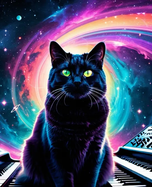 Prompt: colourful cheerful image collage, the void, cat, synthesizer, galaxy mystical wonderous 