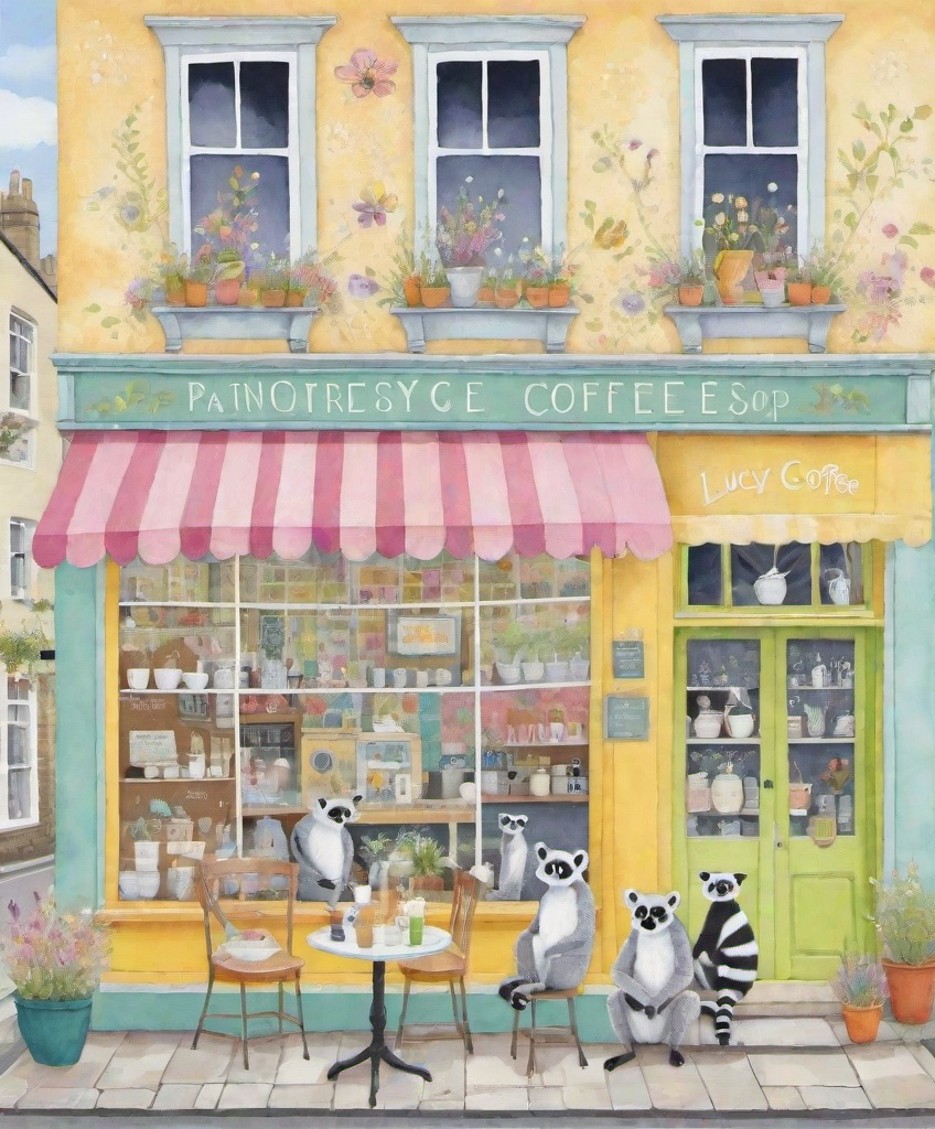 Prompt: a painting shows a lemur coffee shop , in the style of lucy grossmith and victoria ball, colorful patchwork, chic illustrations, bright spring colors, floralpunk, windows vista, use of fabric