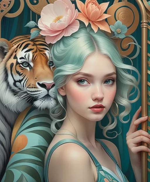 Prompt: The beautiful girl with blowing hair climbing gate to the circus with giant animals Illustration art by Dorina Costras, Hsiao Ron Cheng, Helene Beland, Jody Bergsma. folk art-inspired illustrations, bold patterned quilts, pastel colours, bloomcore, mixes painting and ceramics, precise, detailed architecture paintings, cute and dreamy. Extremely detailed, intricate, beautiful. 
