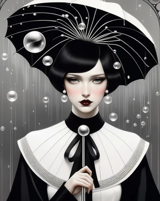 Prompt: illustration of girl with an umbrella, in the style of surrealist-inspired works, dark white and black, jewelry by painters and sculptors, vienna secession, elegant, emotive faces, bubble goth, subtle playfulness 
