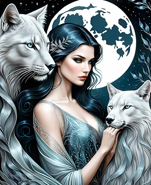 Prompt: She is a mysterious Lady of the moonlight night surrounded by animals style of Kathy Fornal, Jenny Frison, Daarken, Jessica Durrant, Sophie Delaporte. 3/4 body portrait, Cold Chrome colors tone, Extremely detailed, intricate, beautiful, 3d, high definition
