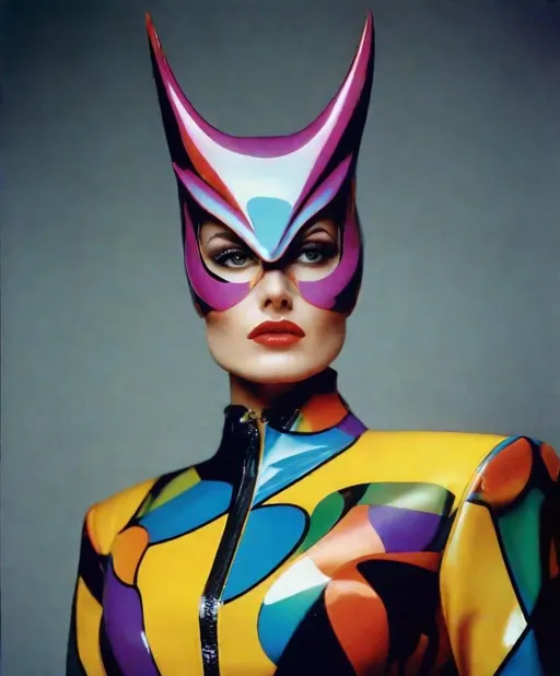 Prompt: portrait photo of a stunning European woman, shockwave, vibrantly colourful latex suit fashion, "horned owl" fashion label, contrasting solid background, professional fashion magazine cover shot, 35mm kodachrome, photography by Dirk Braeckman, shot on hasselblad medium format camera 