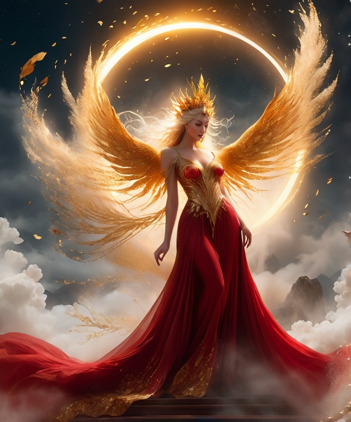 Prompt: photographic, etheral, mist, fantasy gilded goddess in long flowing billowing sheer red gown on sacrificial alter under golden moonlight, chaos, plume, billowy, mist, gold leaf florals, hyperrealistic