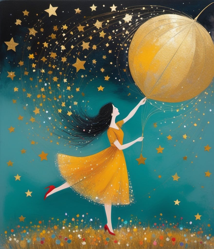 Prompt: Art by Sandra Boynton, Sam Toft, David Downton, Sophie Delaporte, Yvonne Coomber, Sergei Diaghilev, Dan Colen, Jan Brett, Figurative art, impasto dry brush: The beautiful girl, she glimpses dreams washed in golden rain, each sunrise whispers secrets untold, in silent reverie, she dances with stars, yearning to break free from earthly bars to the cosmic tale, let her wander, let her dream, for within her soul, a wild gleam, to unlock the infinite.