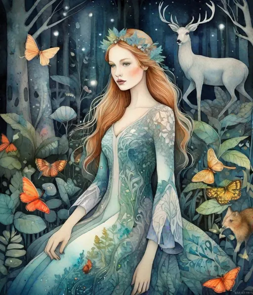 Prompt: The very Pretty girl and beautiful creatures at a magical night forest Illustration art by Agnieszka Lorek, Michael Leunig, Edward Okun, anna dittmann, Kazumasa Nagai, Desmond Morris. 3/4 body portrait, 3d, Watercolor and ink, impasto, volumetric lighting, spectacular, intricate, beautiful, fantastic view, extremely detailed