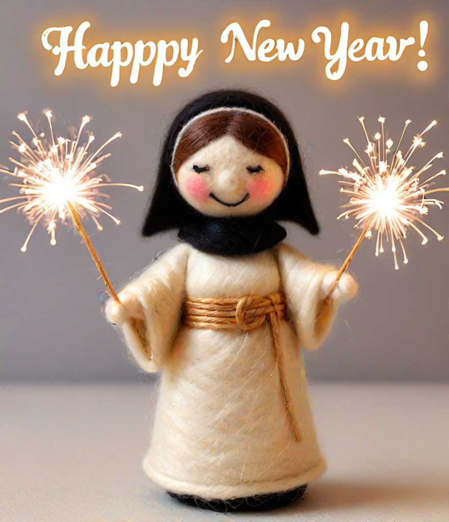 Prompt: needle felted nun::3 waving sparklers::3 , text : "Happy New Year"::3 written in rattan font royalty style 