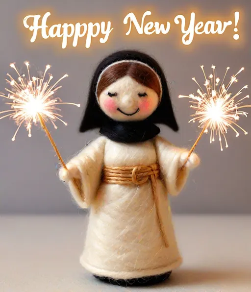 Prompt: needle felted nun::3 waving sparklers::3 , text : "Happy New Year"::3 written in rattan font royalty style 