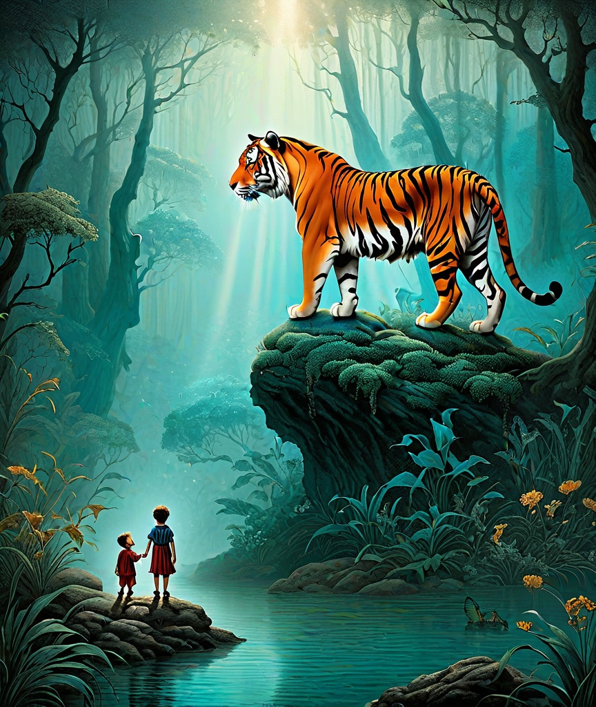 Prompt: a surreal Gustave Doré-inspired scene where chalcedony that enchanted place on the top of the Forest, a little boy and his Tiger will always be playing.