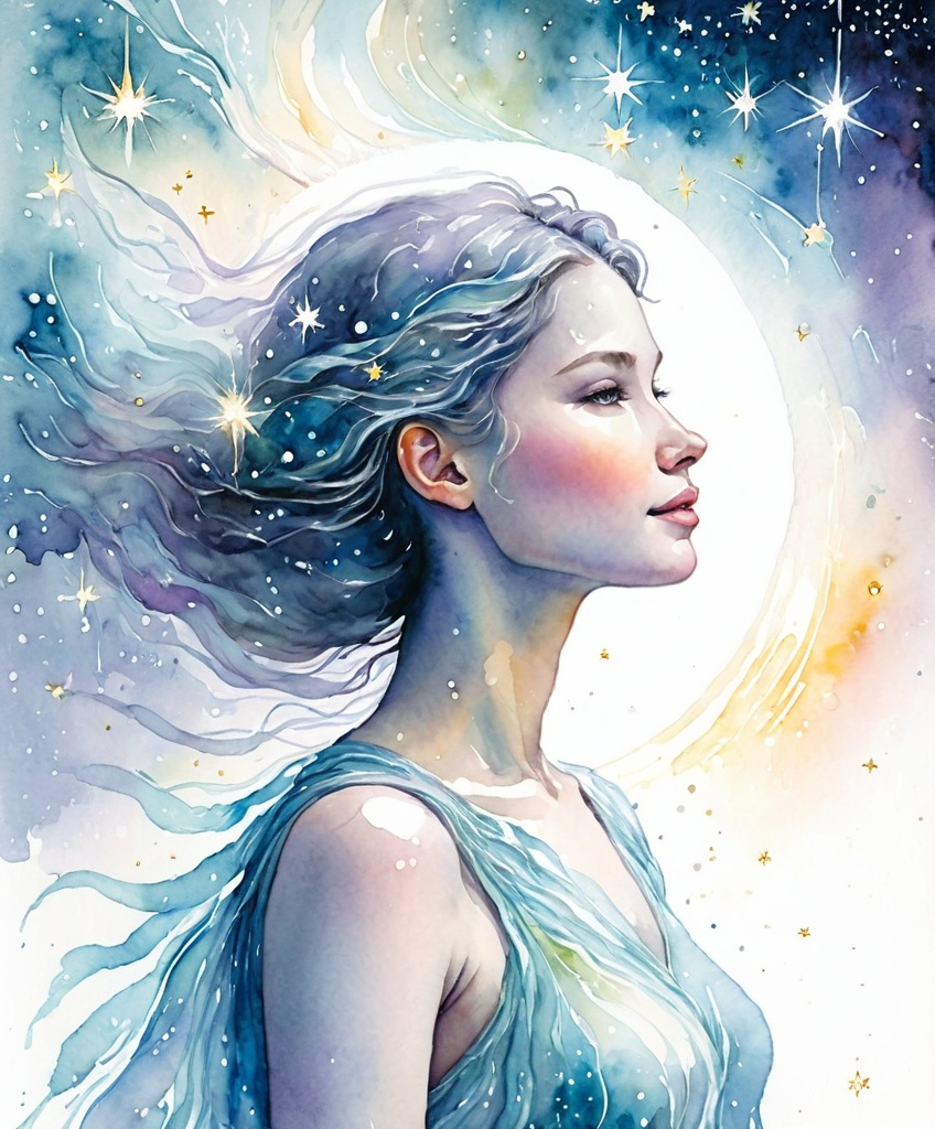 Prompt: Figurative watercolor of a human figure composed of starlight, dreamy and etherial, hopeful and optimistic 