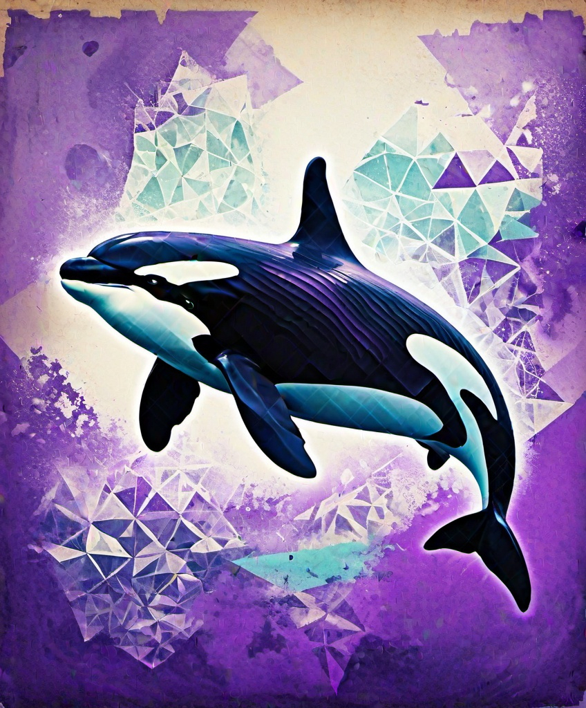 Prompt: graffiti of highly textured, an orca under water in the style of geometric aesthetics, Purple #cfa6f3 embedded sacred geometry, cross-processing/processed, dreamlike illustration, Purple #cfa6f3, geometric balance, Purple #cfa6f3 vintage mixed media collage, highly textured 