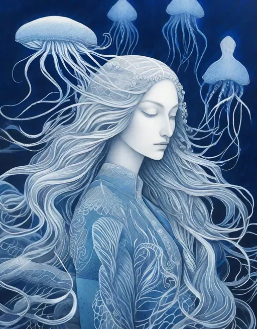 Prompt:  she is underwater, the Queen of the seas, biolumicent squids are swimming around  this stunning powerful queen, white chalk on indigo paper, photorealistic picture, thin lines, dreamlike and mystical aesthetic