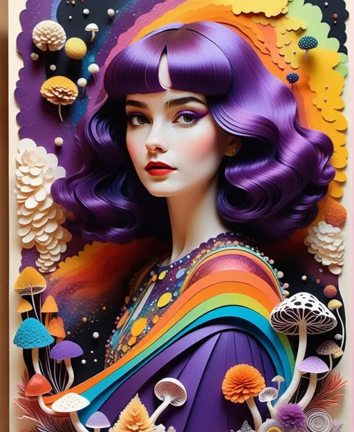 Prompt: She is a delightful darling girl, Flamboyant atmosphere, stop motion animation hypnagogic maximalism physicsbased paper collageaem, in the style of mycelium explosion shading, Crossed colors purple rainbow, expert draftsmanship, sculpture, oil pencil sketch 