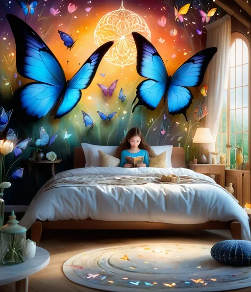 Prompt:  A cute girl in magical fantastic bedroom with whimsical animals , butterflies and art by Florence Harrison, Yulia Brodskaya, catrin Welz Stein, Rosalba Carriera, pol Ledent, Doug Chinnery, Maud Lewis, Valerie Hegarty, Endre Penovac, Justin Gaffrey. inlay, watercolors and ink, beautiful, fantastic view, extremely detailed, intricate, best quality, highest definition, rich colours. intricate beautiful dynamic lighting award winning fantastic view ultra detailed 4K 3D high definition hdr 