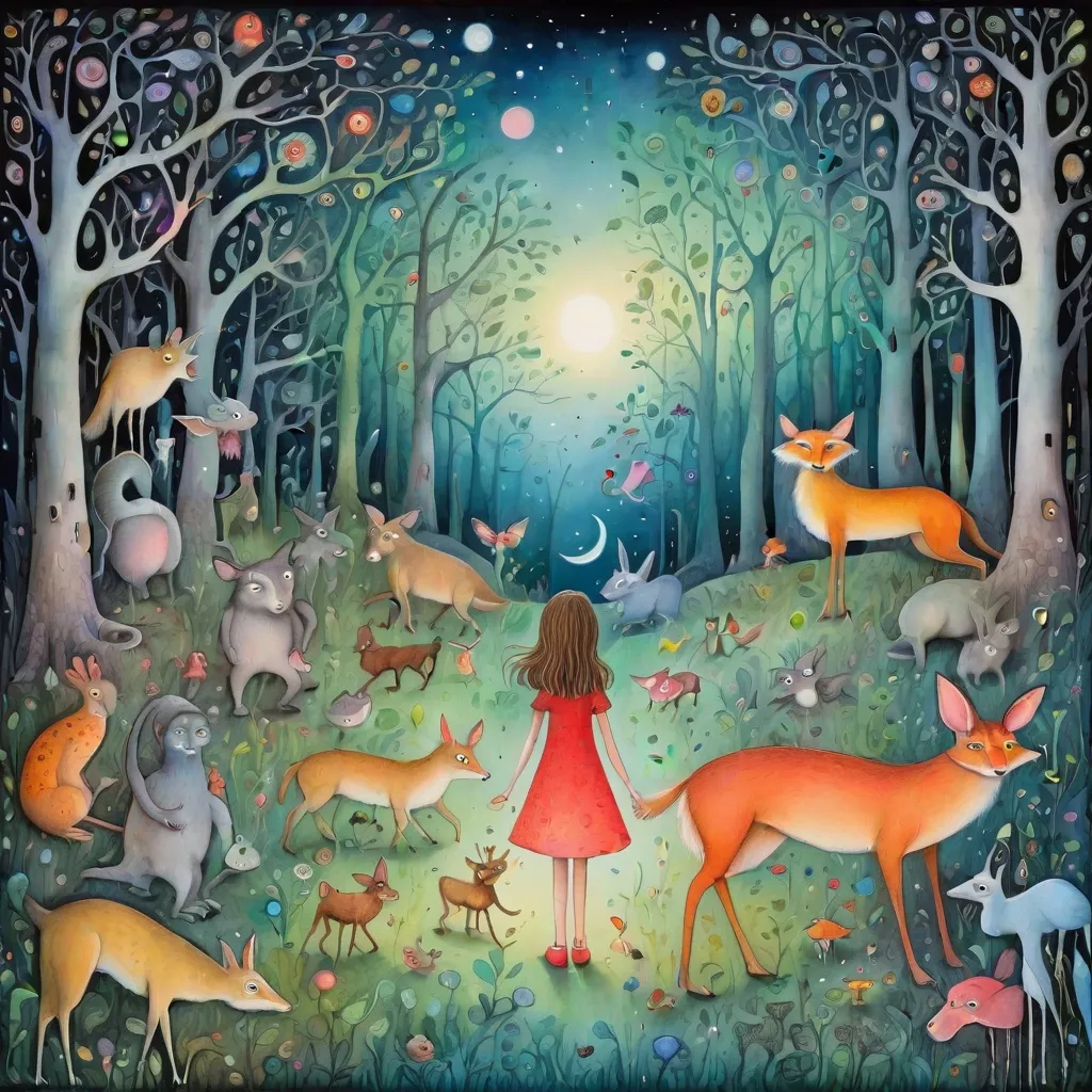 Prompt: Pretty girl and beautiful creatures at a magical night forest Illustration art by Michael Leunig, Desmond Morris. 3d, Watercolor and ink, impasto, volumetric lighting, spectacular, intricate, beautiful, fantastic view, extremely detailed