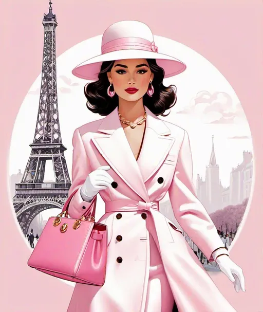 Prompt: illustration dior sartorial elegance, in the style of light pink and pink, doug hyde, bloomcore, vignettes of paris, large canvas sizes, rodel gonzalez, golden age aesthetics, single line art illustration, sparse and simple, y2k, adorable clipart, white background