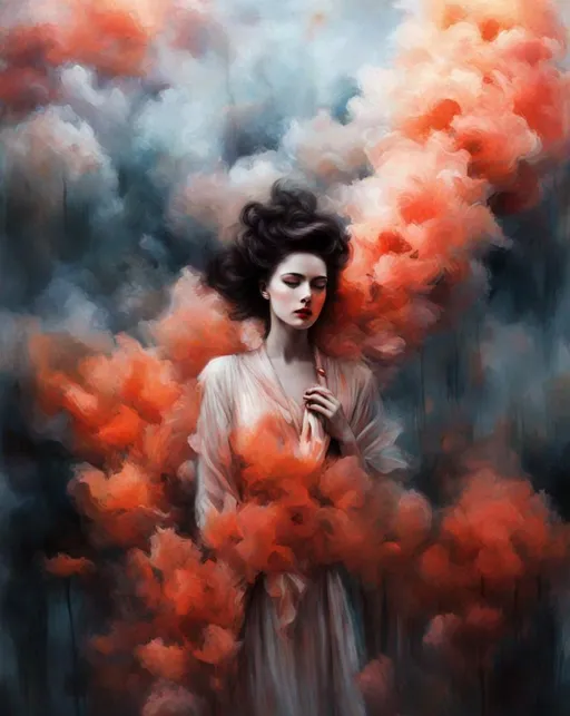 Prompt: Her soul is in flames, a beautiful woman carries a secret, art by Sarah moon, Lillian Bassman, Rimel Neffati, Saul Leiter, Mandy Disher, Agnieszka Lorek, Anka Zhuravleva, 3D image effects , intricate beautiful award winning fantastic view ultra detailed high definition focused