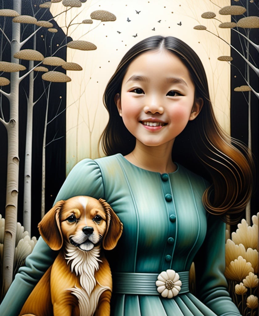 Prompt: Encaustic Gritty patina painting, The beautiful darling young lady with blowing hair and a silly dog art by Jessica Galbreth, Liu Ye, Albert Koetsier. Joyful atmosphere, Whimsical forest background, Extremely detailed, intricate, beautiful. 
