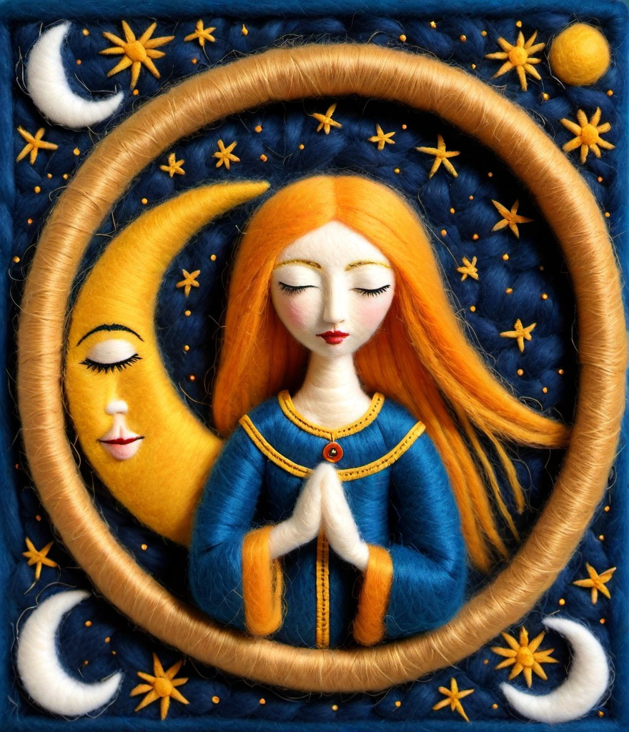 Prompt: needle felted Hildegard von Bingen i kiss the sun and hugging the moon ,in style of hildegard von bingen books, rattan ground 