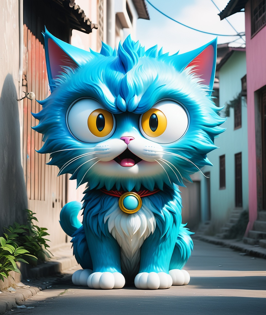 Prompt: doraemon style magical monster, big sparky eyes cat monster, fantasy in the style of soft pastel scenes, street art figuratives, nostalgic subjects, sumatraism, shiny eyes, bhupen khakhar, minimal background