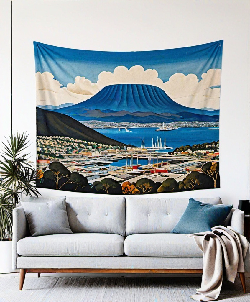 Prompt: garage sale tapestry depicting Hobart harbour with view of mount wellington , mid century modern by hilma af klint 