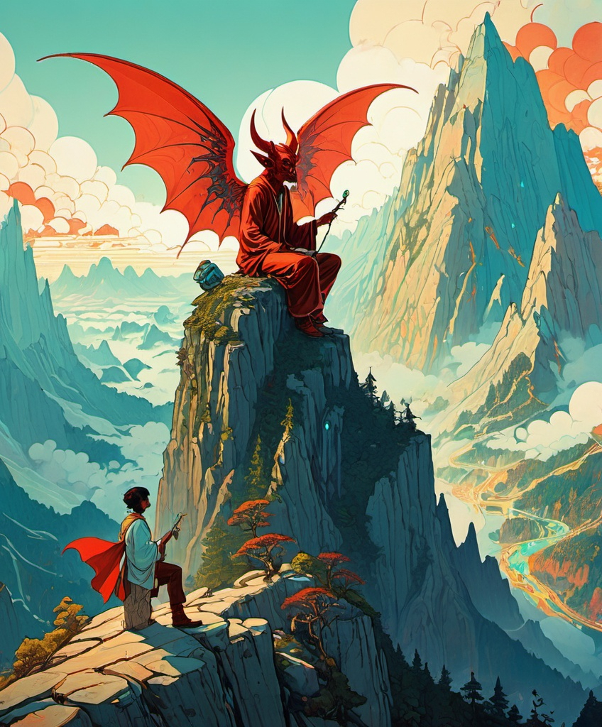 Prompt: A hippy gothick kawaii devil on top of a mountain is talking to an angel. A painting inspired by victo ngai and james jean and tomer hanuka pop art surrealism artstation trending , accurate precise focused, top award winning unique painting "2024" 