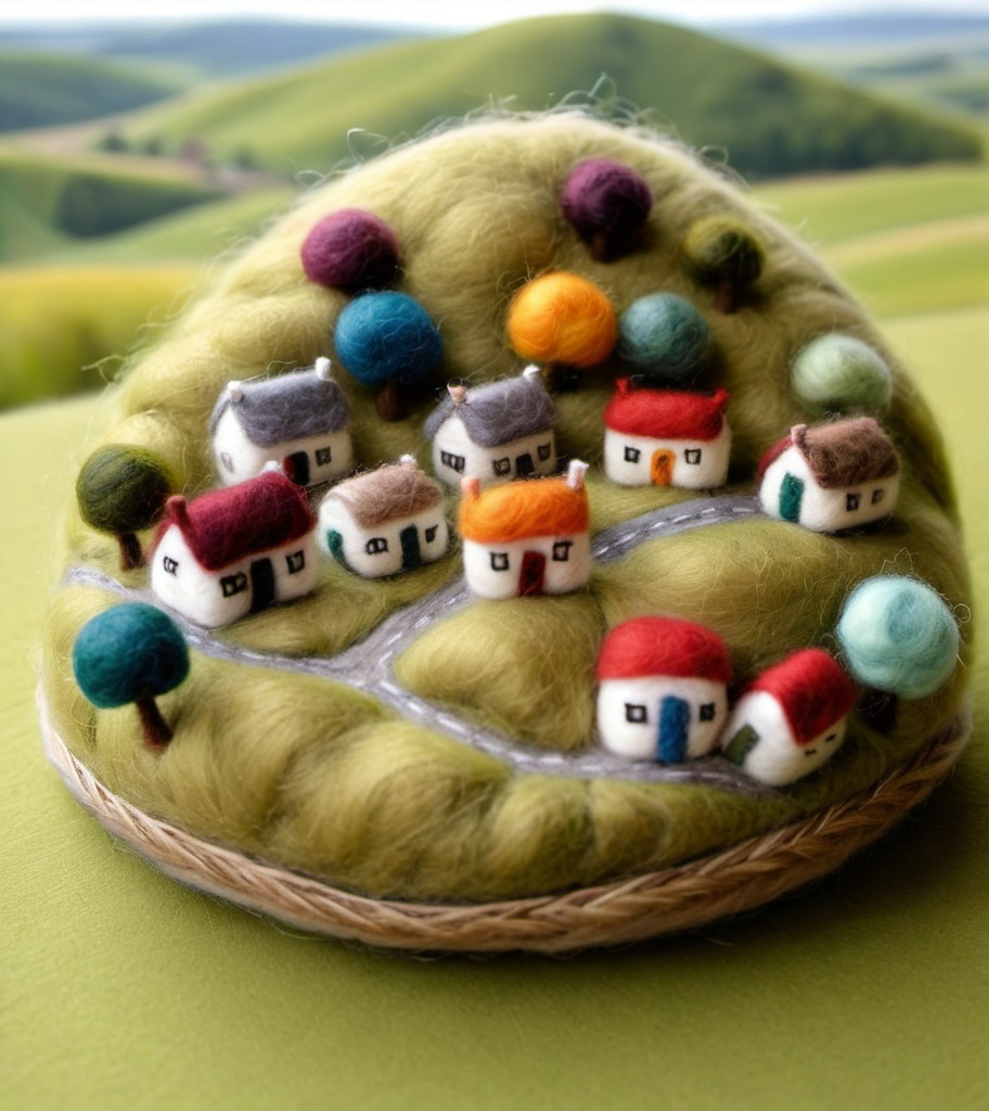 Prompt: needle felted arial shot of quaint village and rolling hills and farmland 