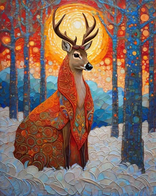 Prompt: A very beautiful lady, fawncore, winter sunrise, praise the sun, textured painting, impasto, fauvist, magical realism style, art by  Emily Balivet, Del Kathryn Barton, Elsa Beskow