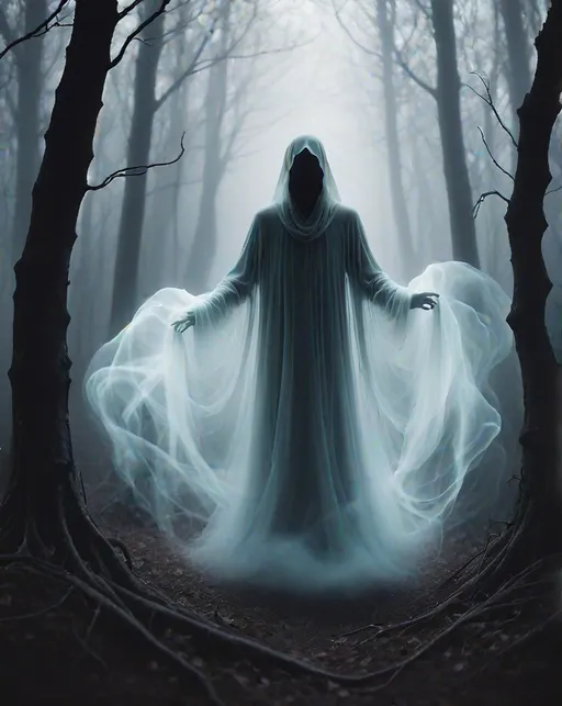 Prompt: ghastly ghostly will-o'-the-wisp, translucent, ethereal, grimdark Foggy Forest background 