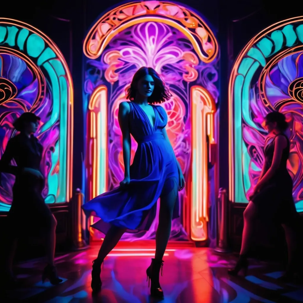 Prompt: time-lapse motion blurple personas in neon lights, hd, in the style of art nouveau-inspired illustrations, intense color saturation, fashion posing, dynamic angle, distortion perspective 