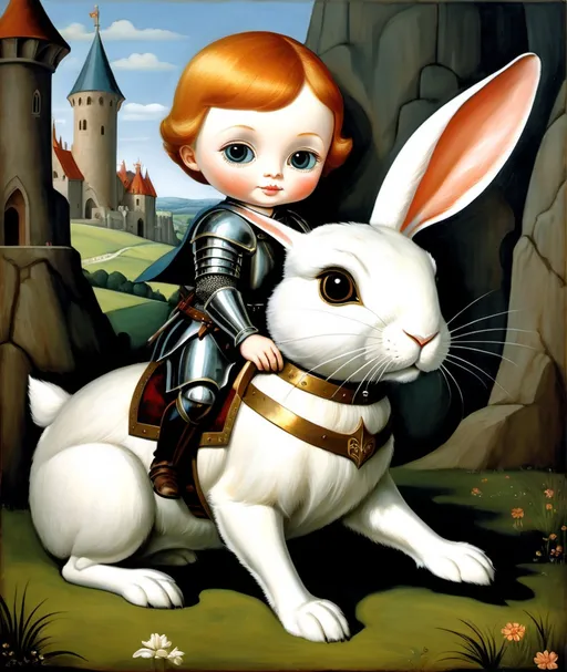 Prompt: big-eyed knight riding a giant rabbit, medieval grunge, kitschy painting by margaret keane 