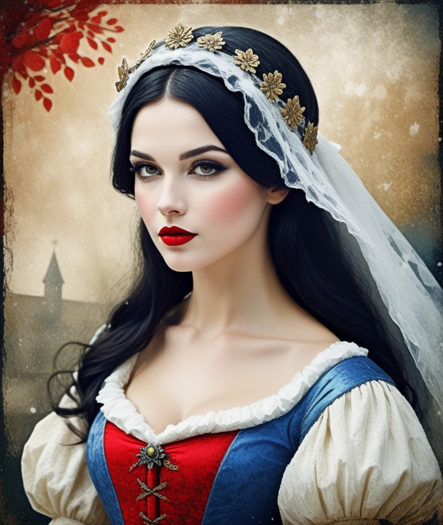 Prompt: grunge medieval Snow White, impasto, old picture effect, grunge whimsical 