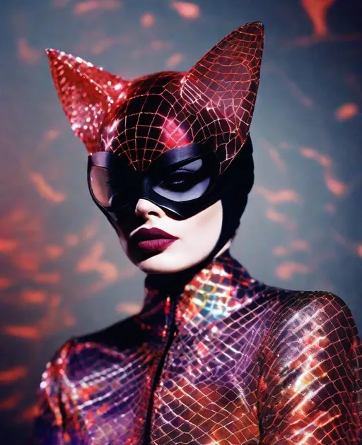 Prompt: Catwoman, Surrealism, wearing her translucent transparent photonegative refractograph costume, photography in the style of Erik Madigan Heck