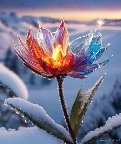 Prompt: hot vs cold, a enchanted flower with a fire stem and ice petals 