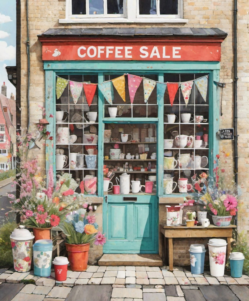 Prompt: a trash polka painting shows a coffee garage sale shop , in the style of lucy grossmith and victoria ball, colorful patchwork, chic illustrations, bright spring colors, floralpunk, windows vista, use of fabric 