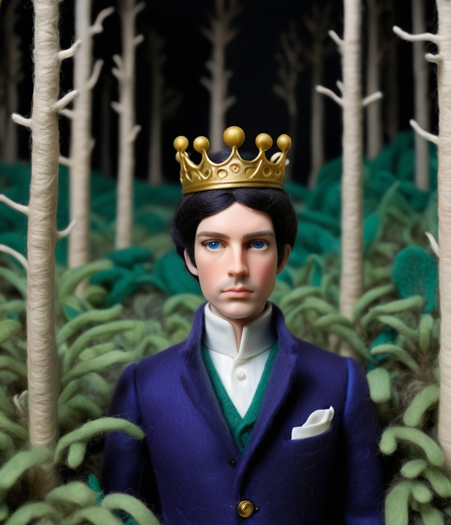 Prompt: he who breathe voids the cinematic needle felted prince of rattan from the deep voided rattan forest, fornasetti style, by laurie simmons, minimal male figures 