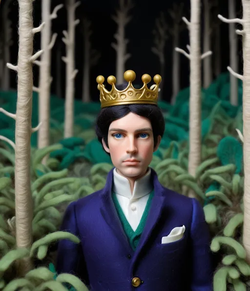 Prompt: he who breathe voids the cinematic needle felted prince of rattan from the deep voided rattan forest, fornasetti style, by laurie simmons, minimal male figures 