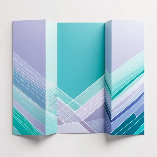 Prompt: flat front view of a brochure design. Base color is pantone blue on top of it is abstract geometric patterns in light lilac and turquoise shades , chalcedony crisp detailing. Overall it gives a whimsical feel and a soothing tone.